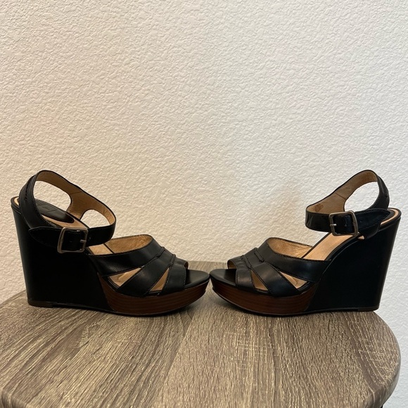 Frye Alexa Seam 2 Piece Black Brown Leather Platform Wedge Sandal Heels- Size 9 - Picture 12 of 16